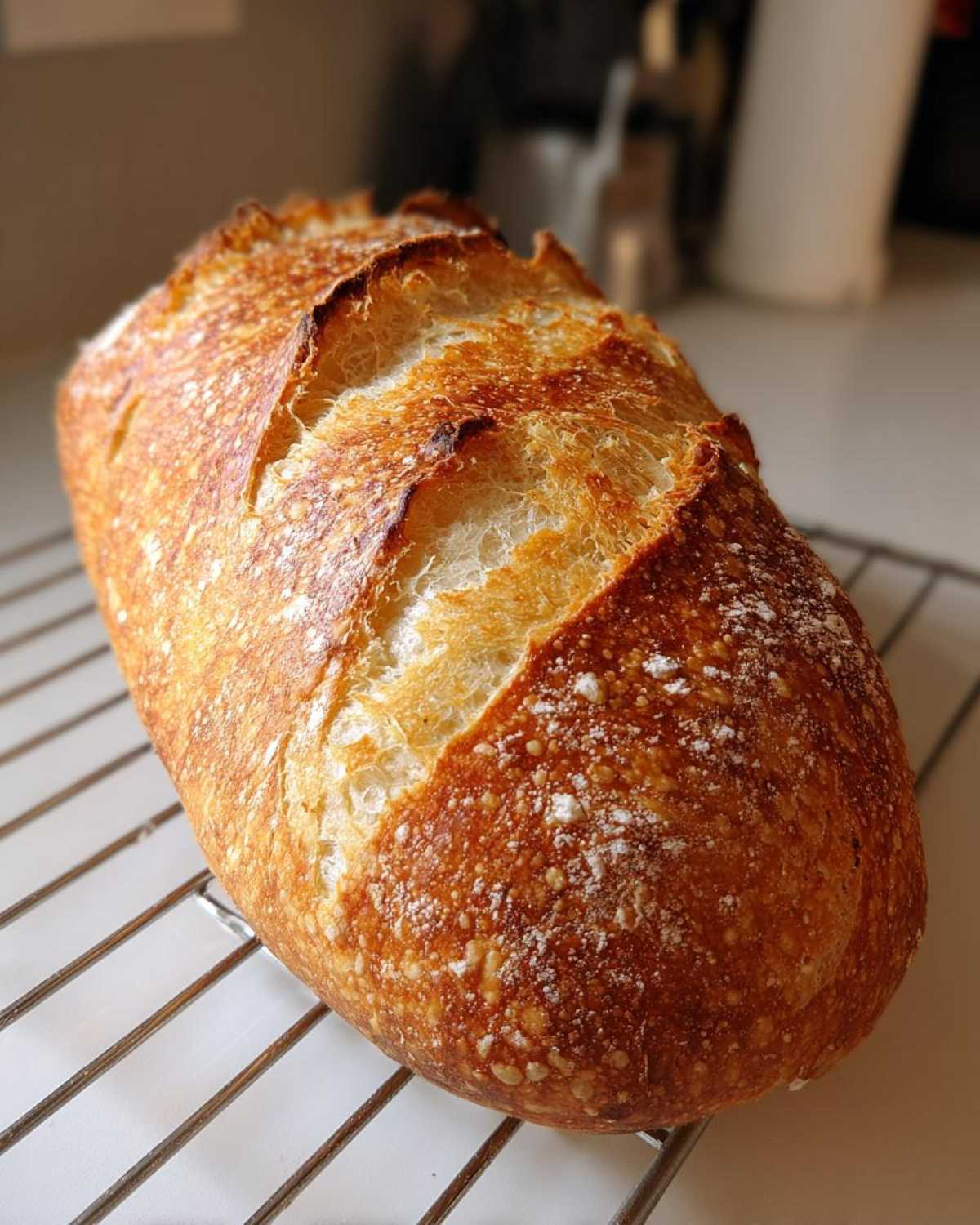 A rustic, golden-brown loaf of freshly baked french bread cooling on a wire rack.