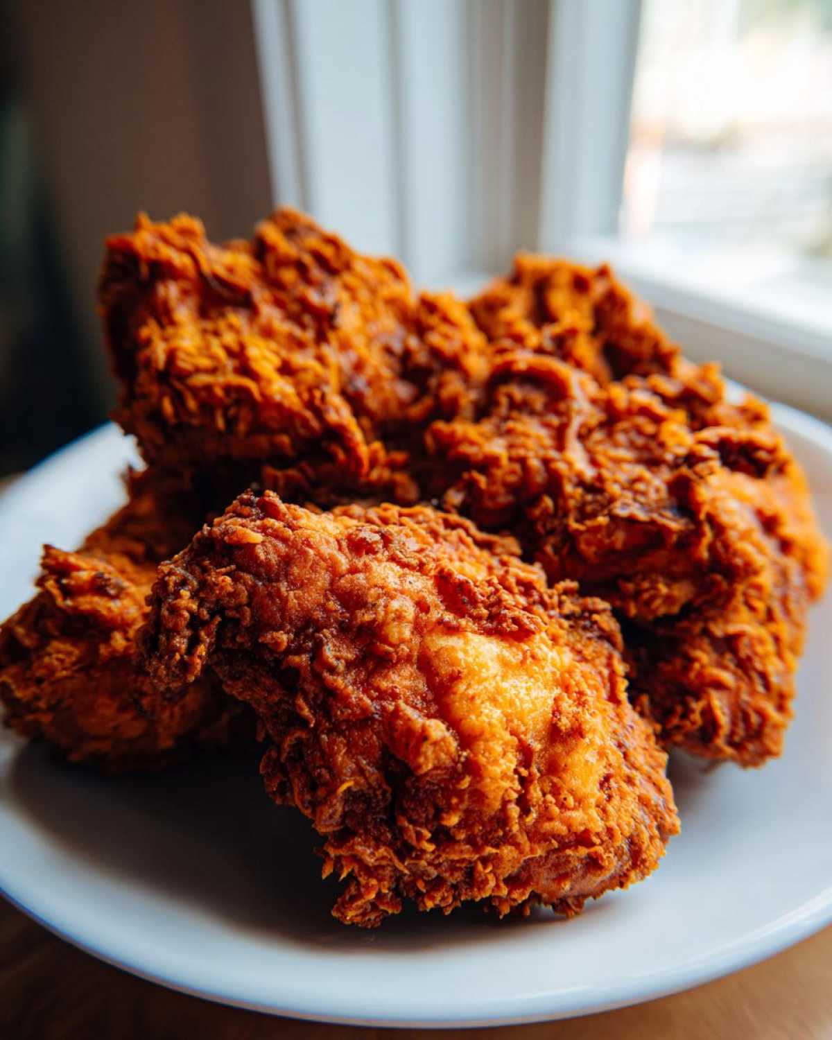 Close-up of several pieces of incredibly crispy, deep-orange fried chicken stacked on a white plate.