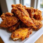 A close-up of a mound of golden brown, crispy fried chicken wings seasoned with black pepper.