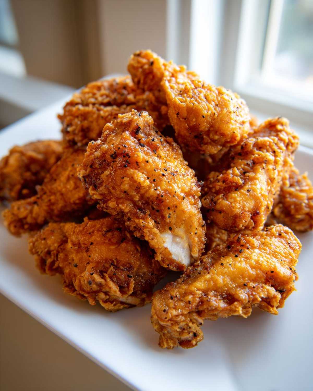 A close-up of a pile of golden brown, seasoned fried chicken wings on a white plate.