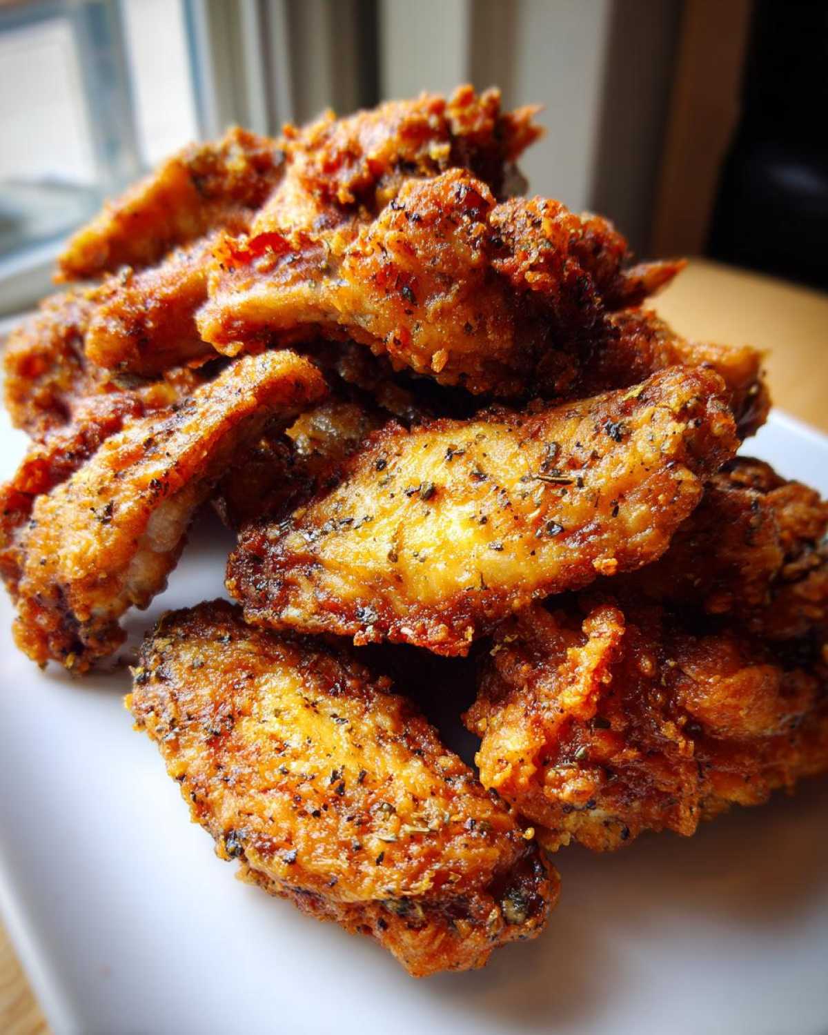 A close-up pile of perfectly seasoned and crispy fried chicken wings stacked on a white plate.