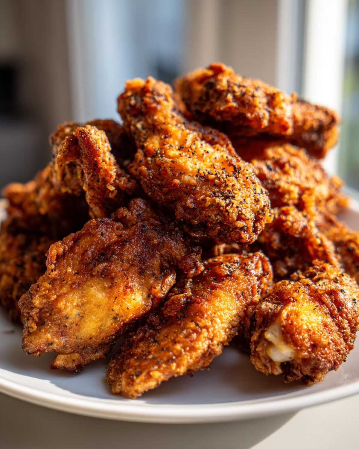 A close-up stack of golden brown, seasoned fried chicken wings glistening under natural light.