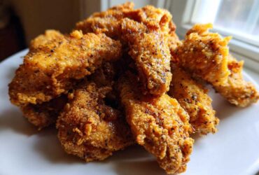 A close-up pile of golden brown, crispy fried chicken wings seasoned with black pepper, sitting on a white plate.