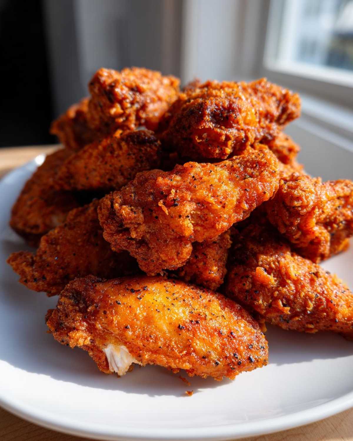 A close-up pile of crispy, reddish-orange fried chicken wings seasoned with pepper, served on a white plate.