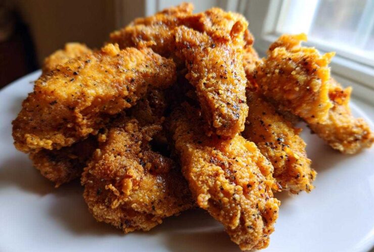 A close-up pile of golden brown, crispy fried chicken wings seasoned with black pepper, sitting on a white plate.