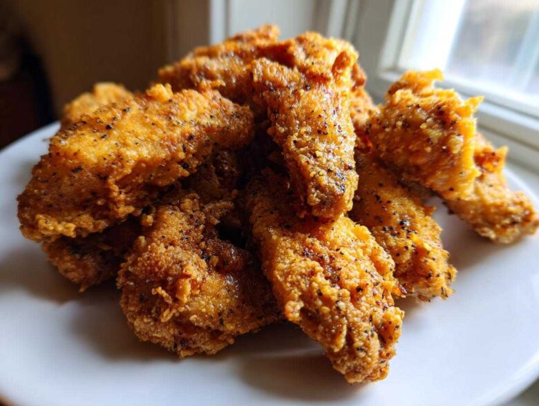 A close-up pile of golden brown, crispy fried chicken wings seasoned with black pepper, sitting on a white plate.