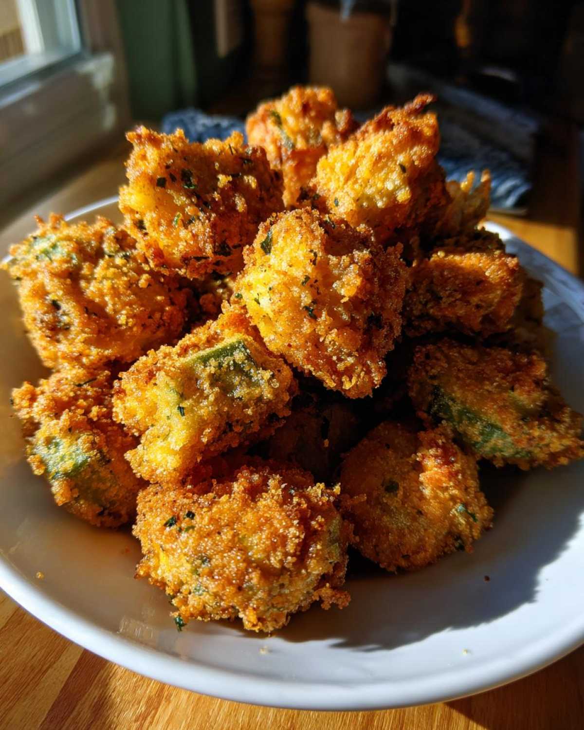A mound of perfectly golden, crispy fried okra pieces seasoned with herbs, served on a white plate.