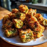A close-up of a mound of perfectly golden, crispy fried okra pieces served on a white plate.