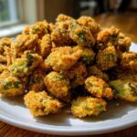 A generous serving of golden brown, crispy fried okra piled high on a white plate, ready to eat.