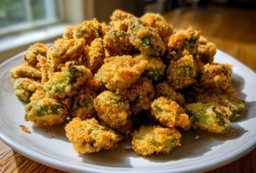 A generous serving of golden brown, crispy fried okra piled high on a white plate, ready to eat.