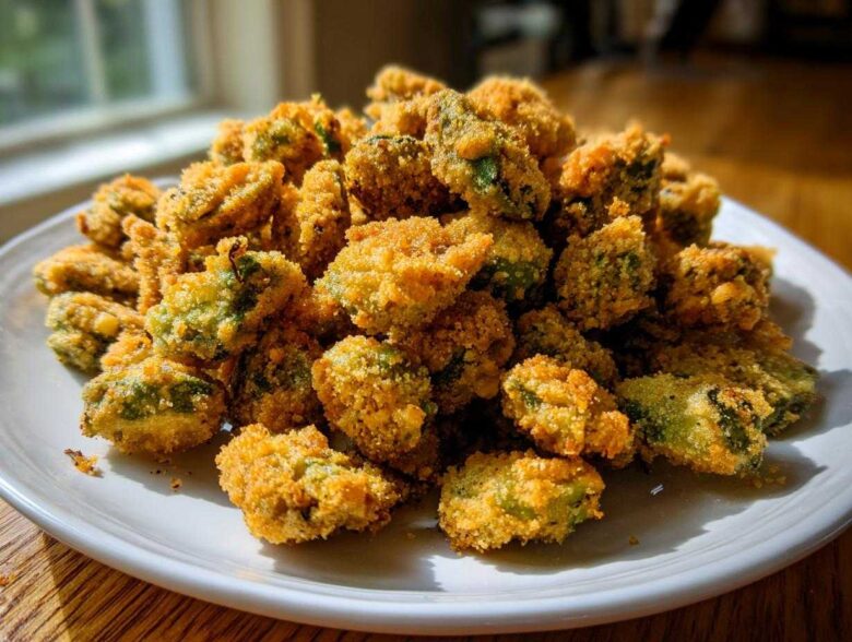 A generous serving of golden brown, crispy fried okra piled high on a white plate, ready to eat.