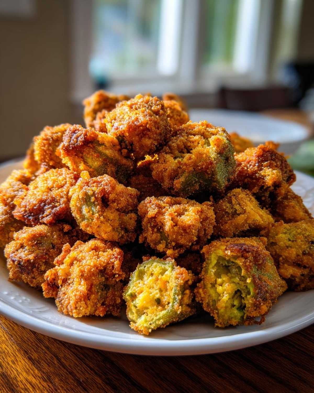 A large pile of golden brown, crispy fried okra pieces served on a white plate.