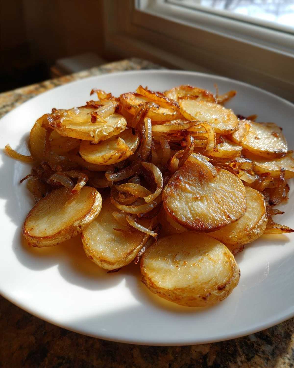 A white plate piled high with golden brown fried potatoes and caramelized onions.