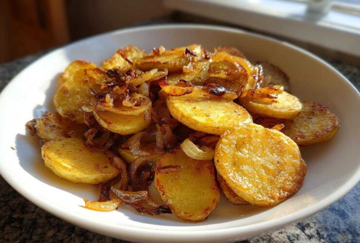A white bowl filled with perfectly golden brown fried potatoes mixed with caramelized onions.