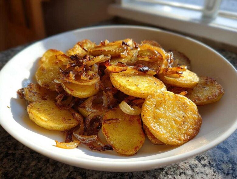 A white bowl filled with perfectly golden brown fried potatoes mixed with caramelized onions.