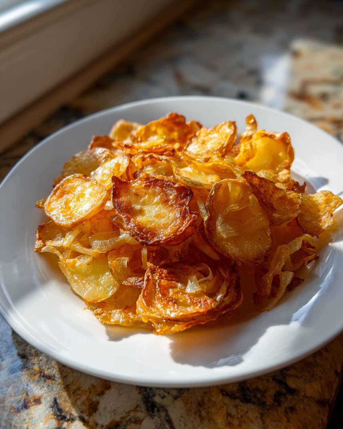 A plate piled high with golden brown, crispy fried potatoes and caramelized onions, showcasing the perfect texture of fried potatoes.