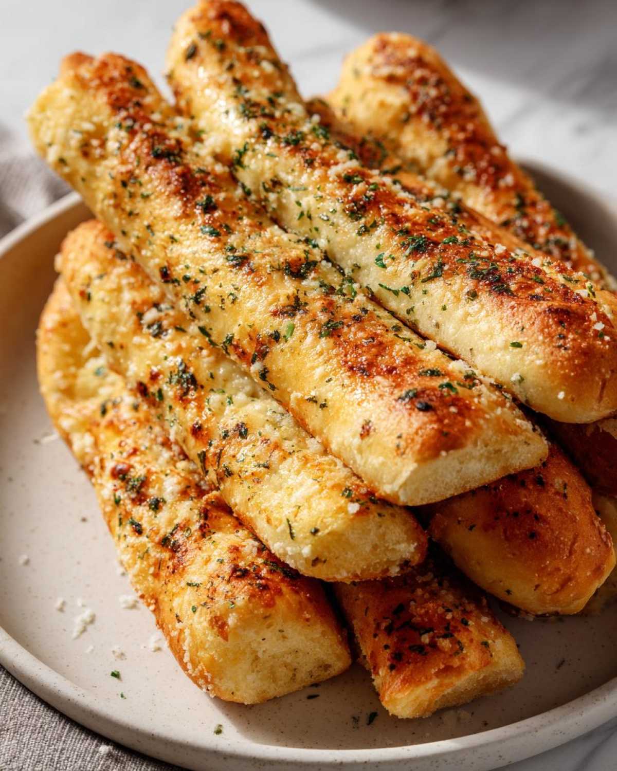 Close-up of a stack of golden, freshly baked garlic breadsticks topped with melted cheese and parsley.