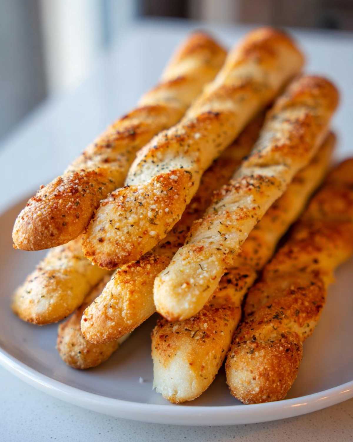 A close-up of several golden, twisted garlic breadsticks heavily coated with Parmesan cheese and herbs, stacked on a white plate.