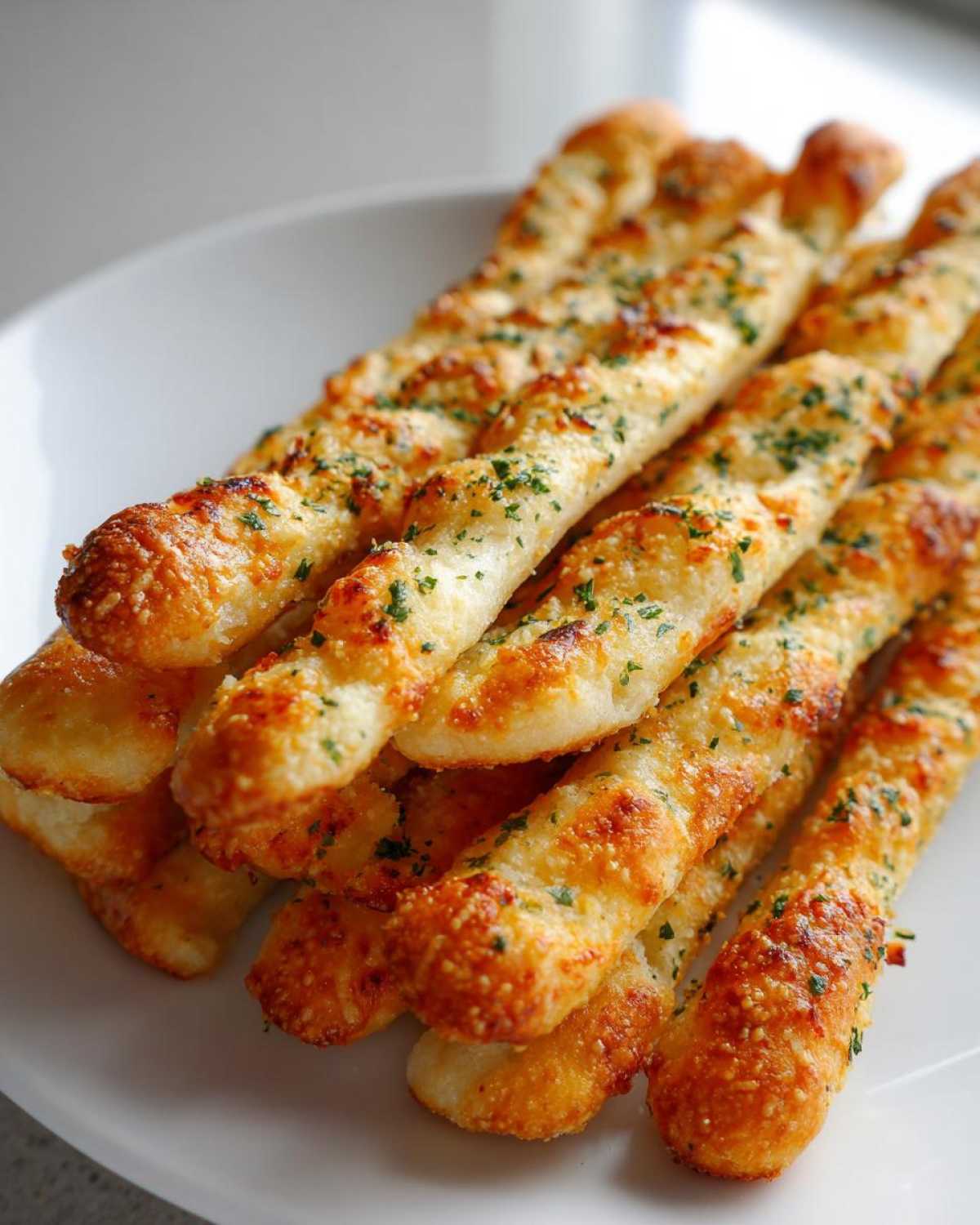 A close-up of several golden brown, cheesy garlic breadsticks sprinkled with green herbs, piled on a white plate.