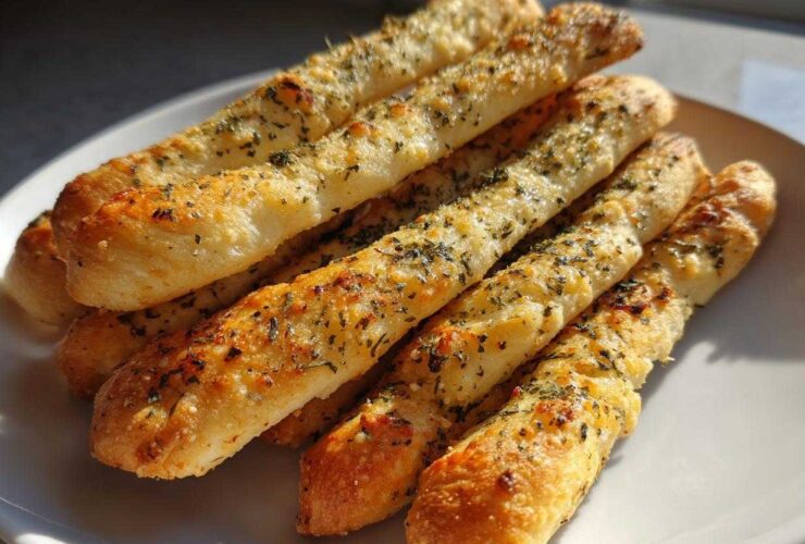 A close-up of several golden brown, herb-topped garlic breadsticks stacked on a white plate.