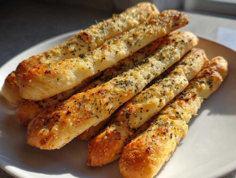 A close-up of several golden brown, herb-topped garlic breadsticks stacked on a white plate.