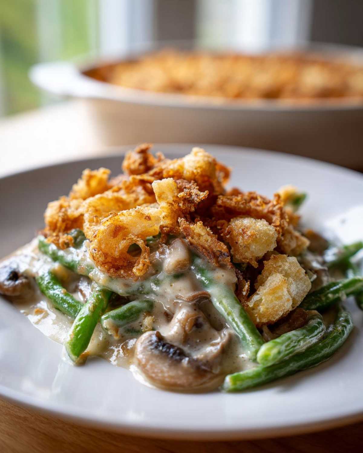 Close-up of a serving of amazing green bean casserole featuring green beans, mushrooms, creamy sauce, and crispy fried onions.