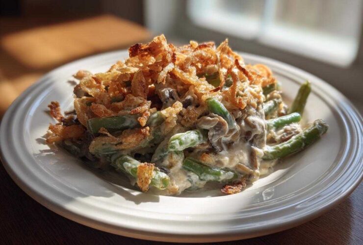 A serving of creamy green bean casserole topped generously with crispy fried onions on a white plate.