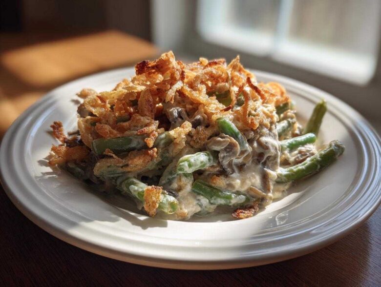 A serving of creamy green bean casserole topped generously with crispy fried onions on a white plate.
