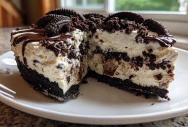 A cross-section of a decadent ice cream pie showing a dark cookie crust, creamy filling with cookie chunks, and chocolate drizzle.