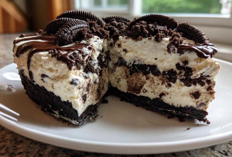 A cross-section of a decadent ice cream pie showing a dark cookie crust, creamy filling with cookie chunks, and chocolate drizzle.