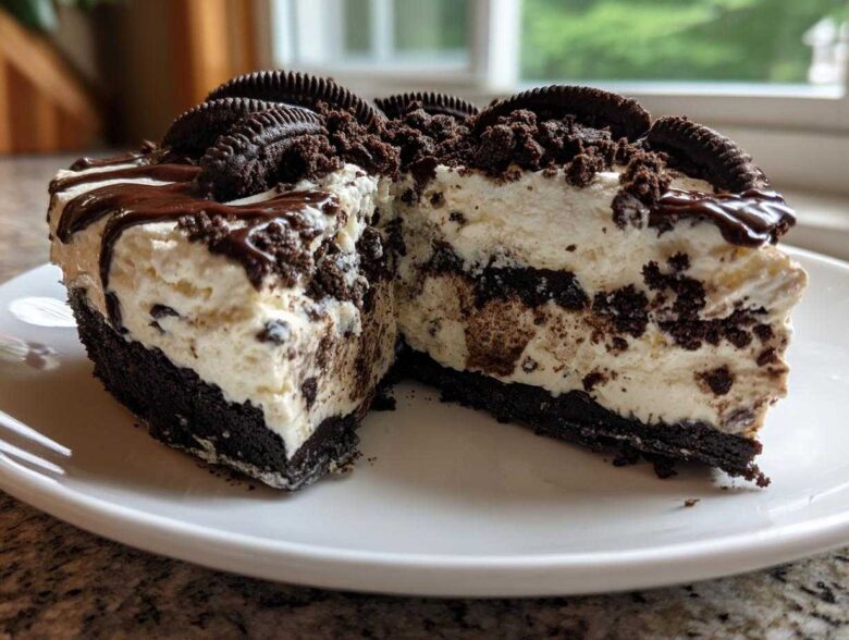 A cross-section of a decadent ice cream pie showing a dark cookie crust, creamy filling with cookie chunks, and chocolate drizzle.