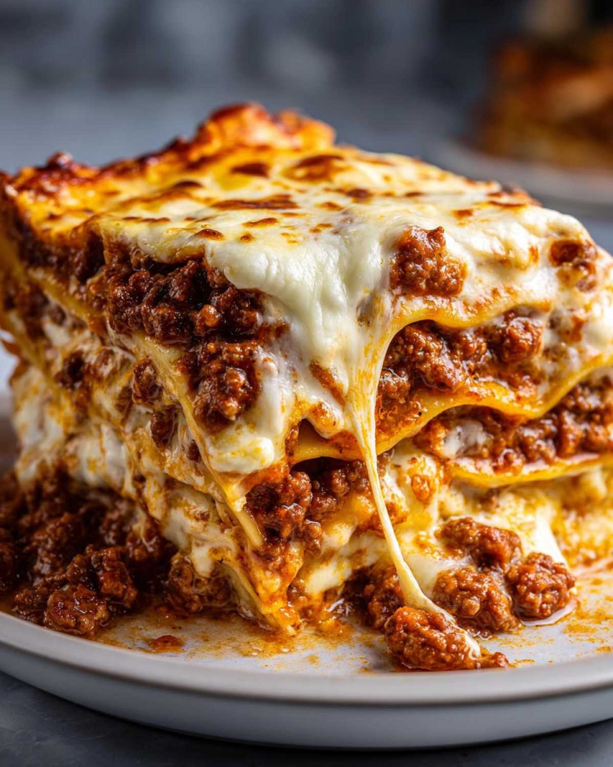 Close-up of a towering slice of lasagna with rich meat sauce and gooey, melted cheese stretching downwards.
