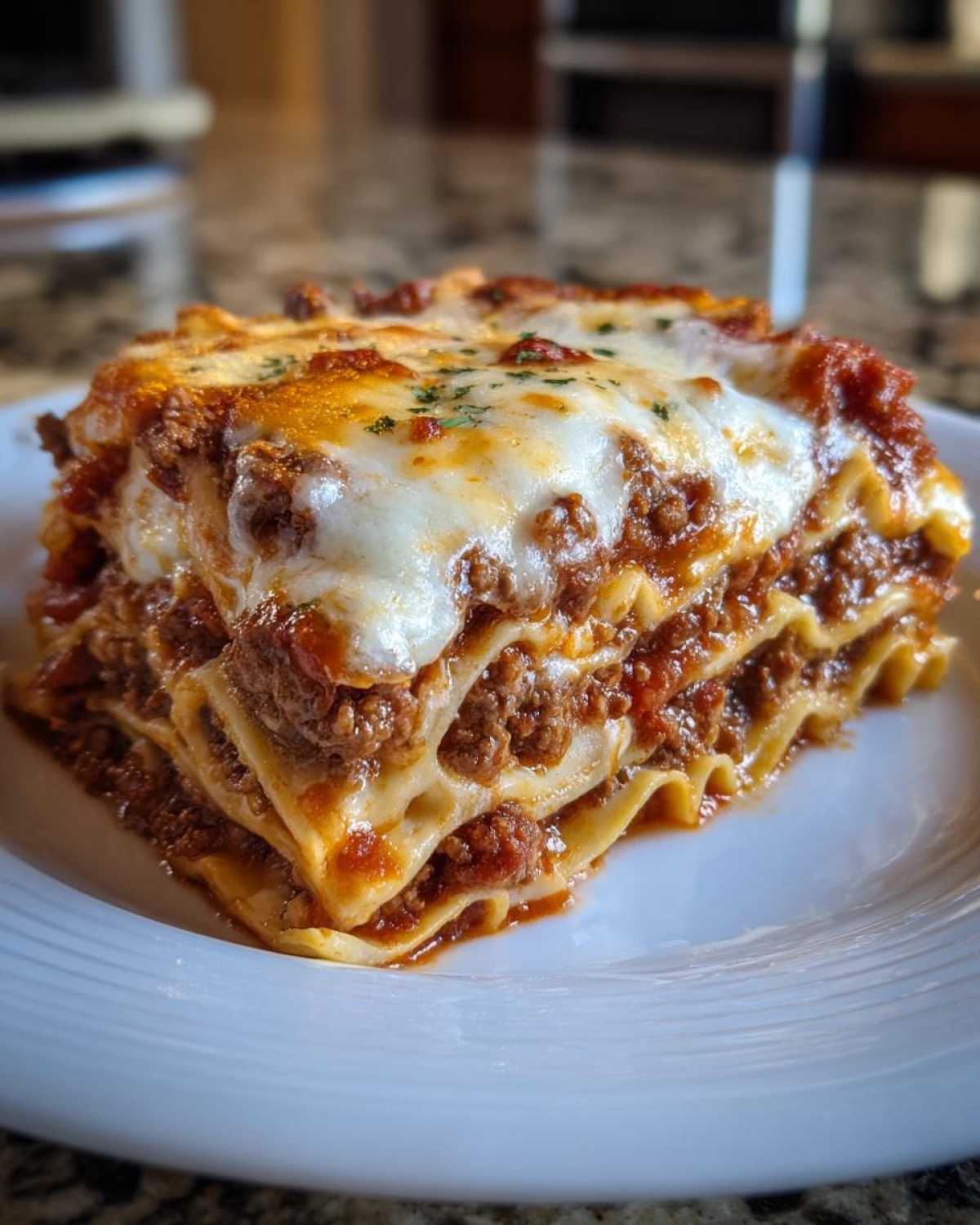 Close-up of a perfectly layered slice of amazing lasagna featuring rich meat sauce and melted mozzarella cheese.