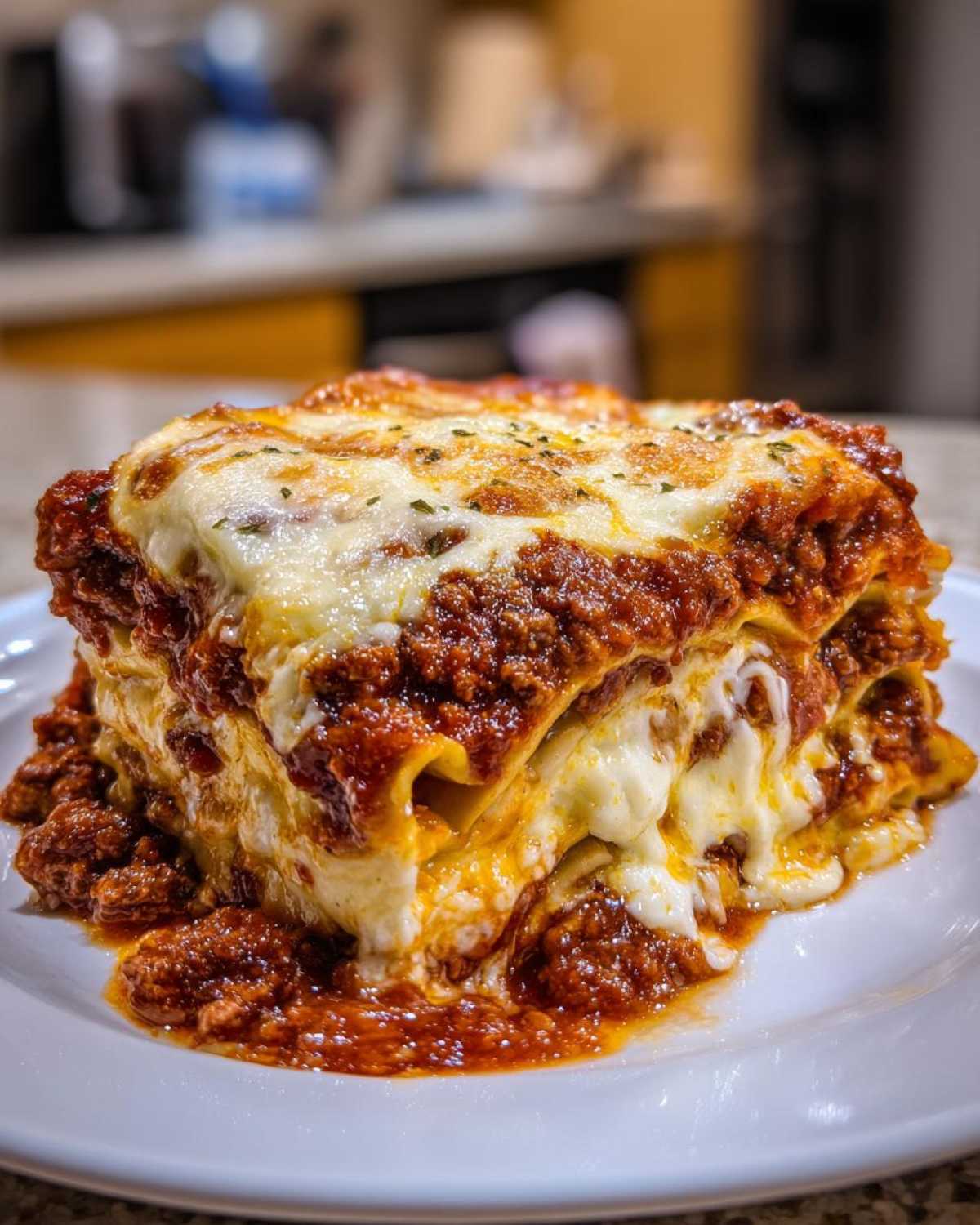 A tall, layered slice of amazing lasagna featuring rich meat sauce and gooey, melted mozzarella cheese.