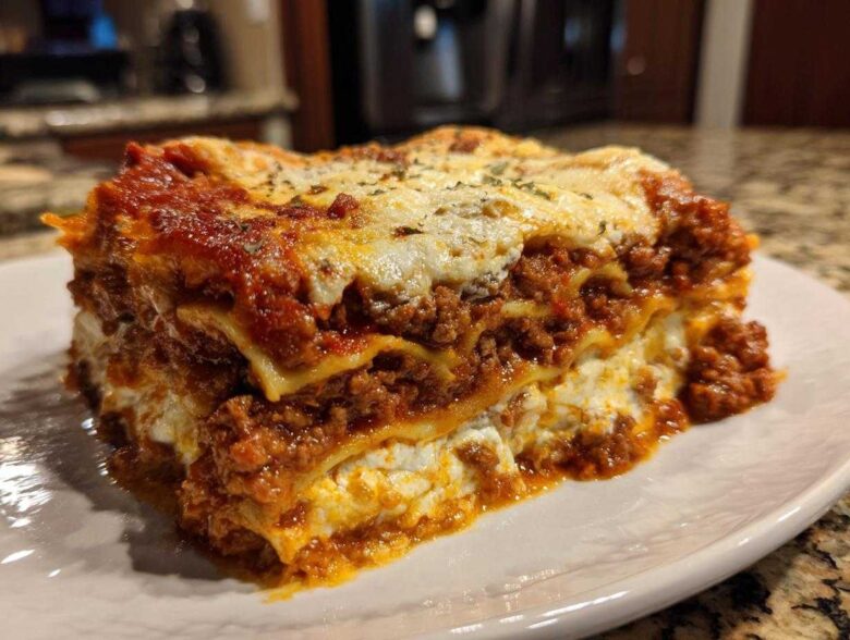 A thick, layered slice of homemade lasagna featuring rich meat sauce, ricotta cheese, and melted mozzarella topping.