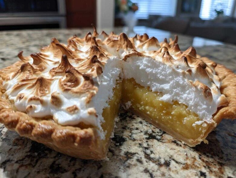 Close-up of a slice removed from a lemon meringue pie showing the thick, bright yellow lemon filling and fluffy, torched meringue.