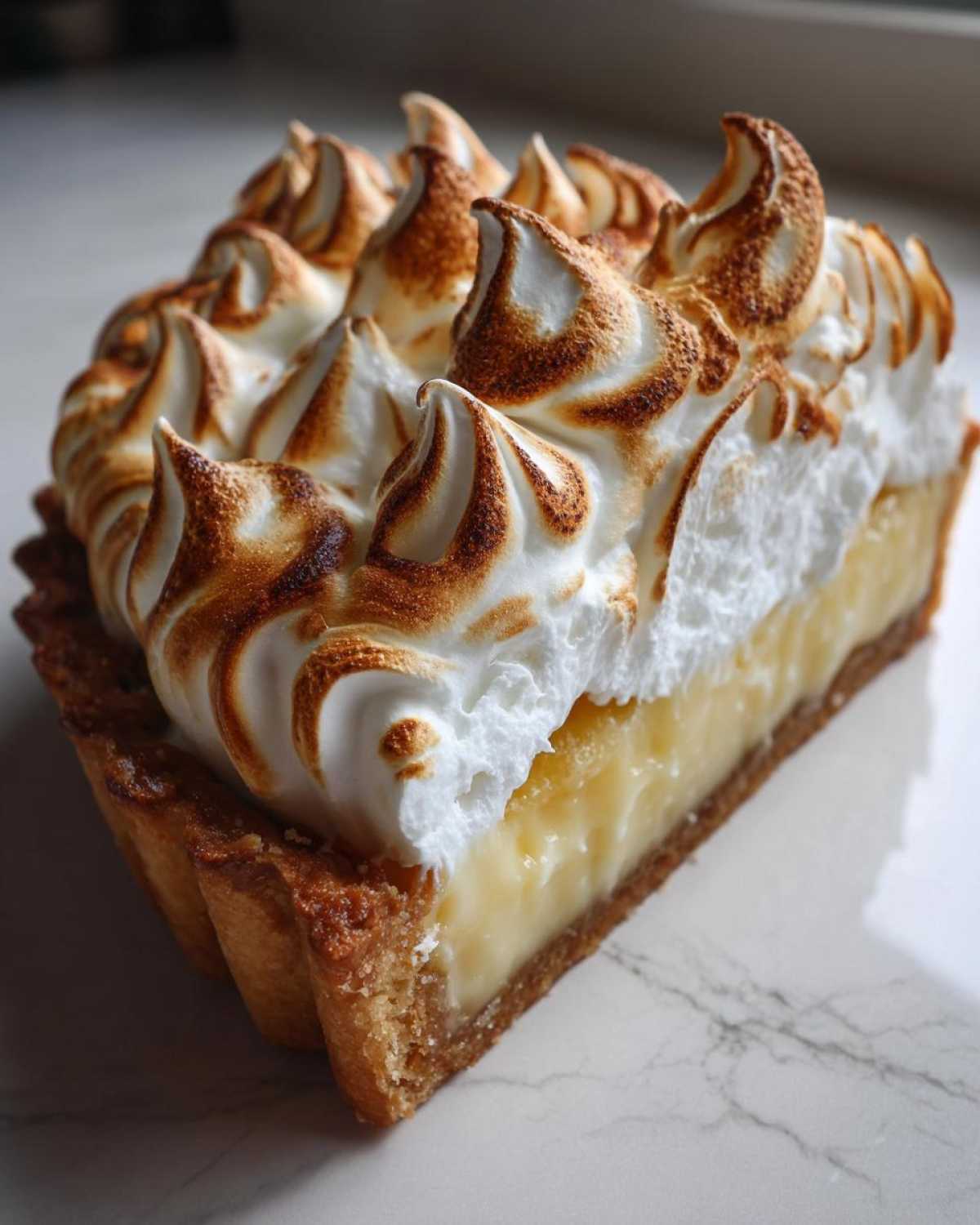 Close-up of a perfect slice of lemon meringue showing the golden crust, creamy filling, and peaks of torched meringue.