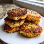A stack of perfectly pan-fried mashed potato cakes, golden brown and garnished with fresh chives.