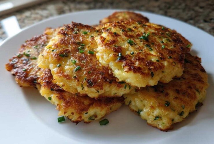 A stack of perfectly golden brown mashed potato cakes, garnished with fresh chives, ready to eat.
