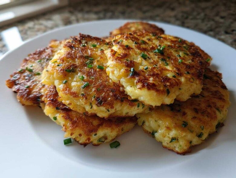 A stack of perfectly golden brown mashed potato cakes, garnished with fresh chives, ready to eat.