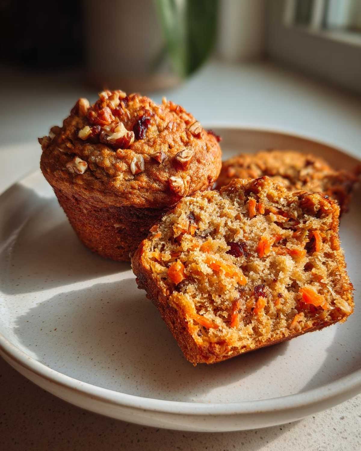 A whole and a halved morning glory muffin showing shredded carrots and nuts on a speckled plate.