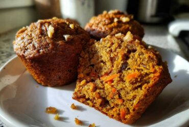 Close-up of a morning glory muffin cut in half showing moist texture, carrots, and walnuts.