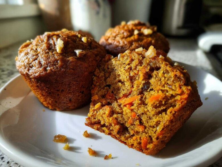 Close-up of a morning glory muffin cut in half showing moist texture, carrots, and walnuts.