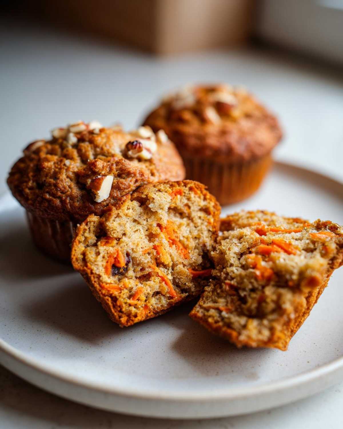 Close-up of amazing morning glory muffins, one split open revealing shredded carrots and nuts inside.