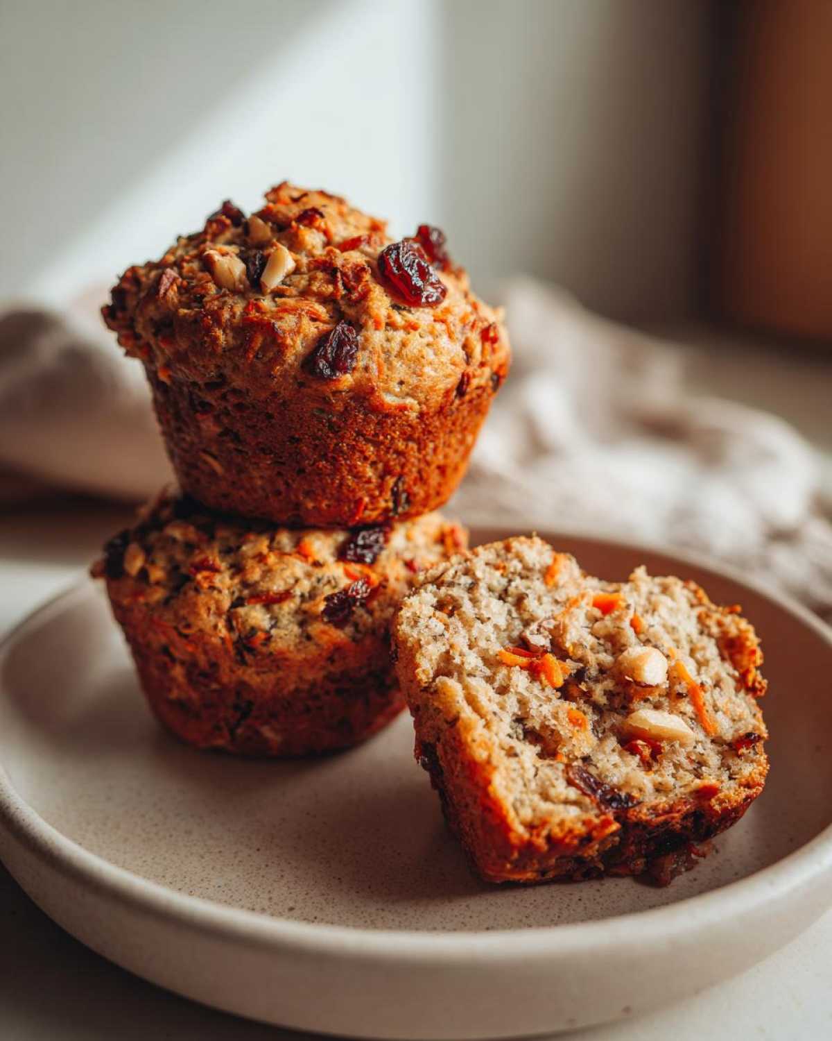 A stack of three moist morning glory muffins, one cut in half revealing carrots, nuts, and raisins inside.