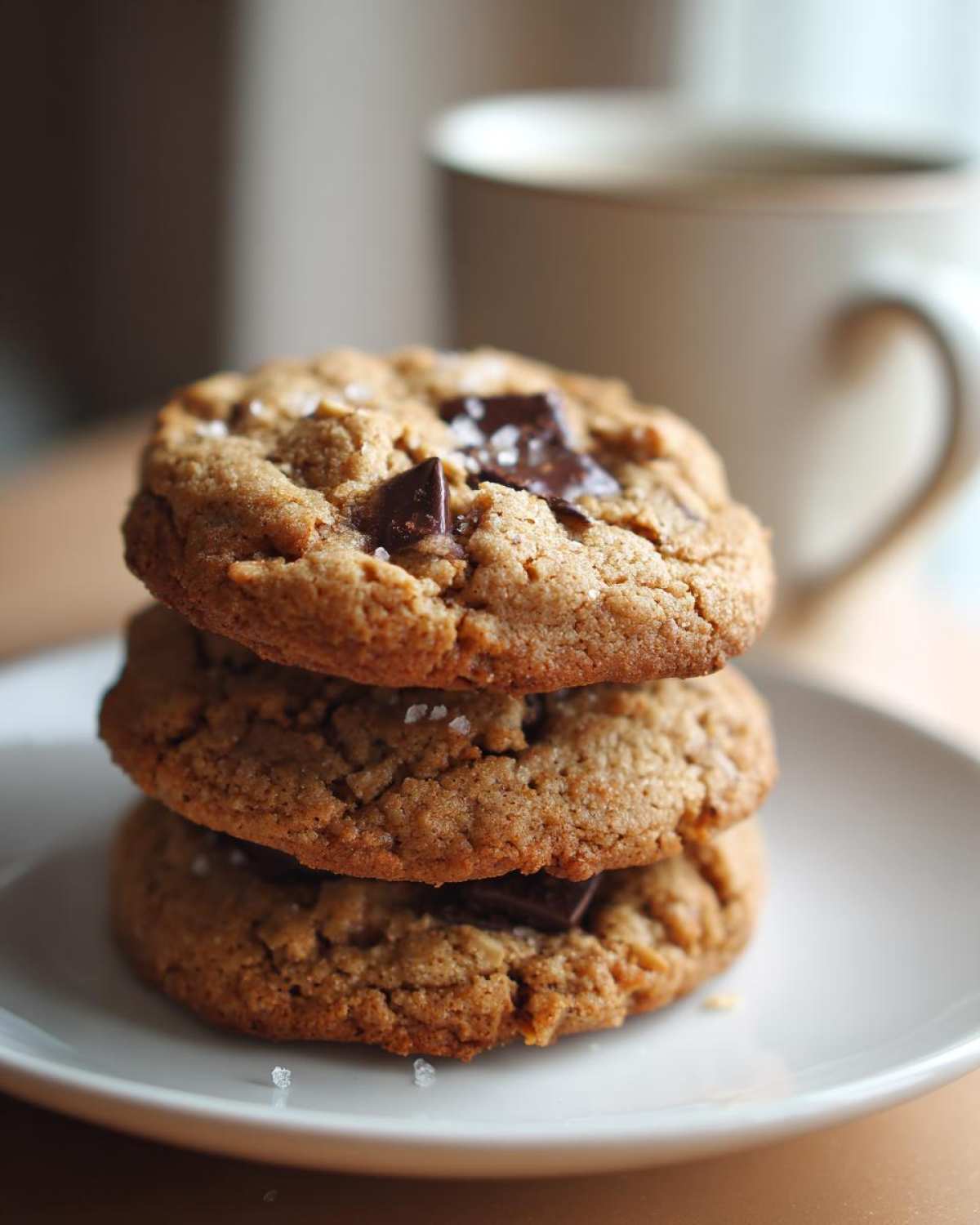 A stack of three chewy oatmeal cookie treats topped with flaky sea salt and chocolate chunks.