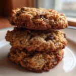 Three freshly baked oatmeal cookie treats stacked vertically on a light-colored plate.