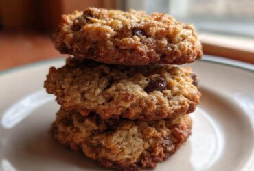 Three freshly baked oatmeal cookie treats stacked vertically on a light-colored plate.