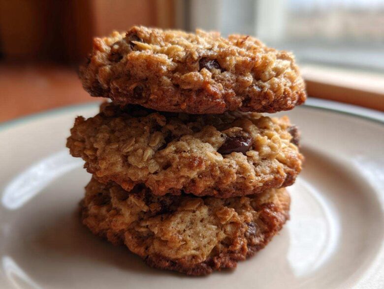 Three freshly baked oatmeal cookie treats stacked vertically on a light-colored plate.