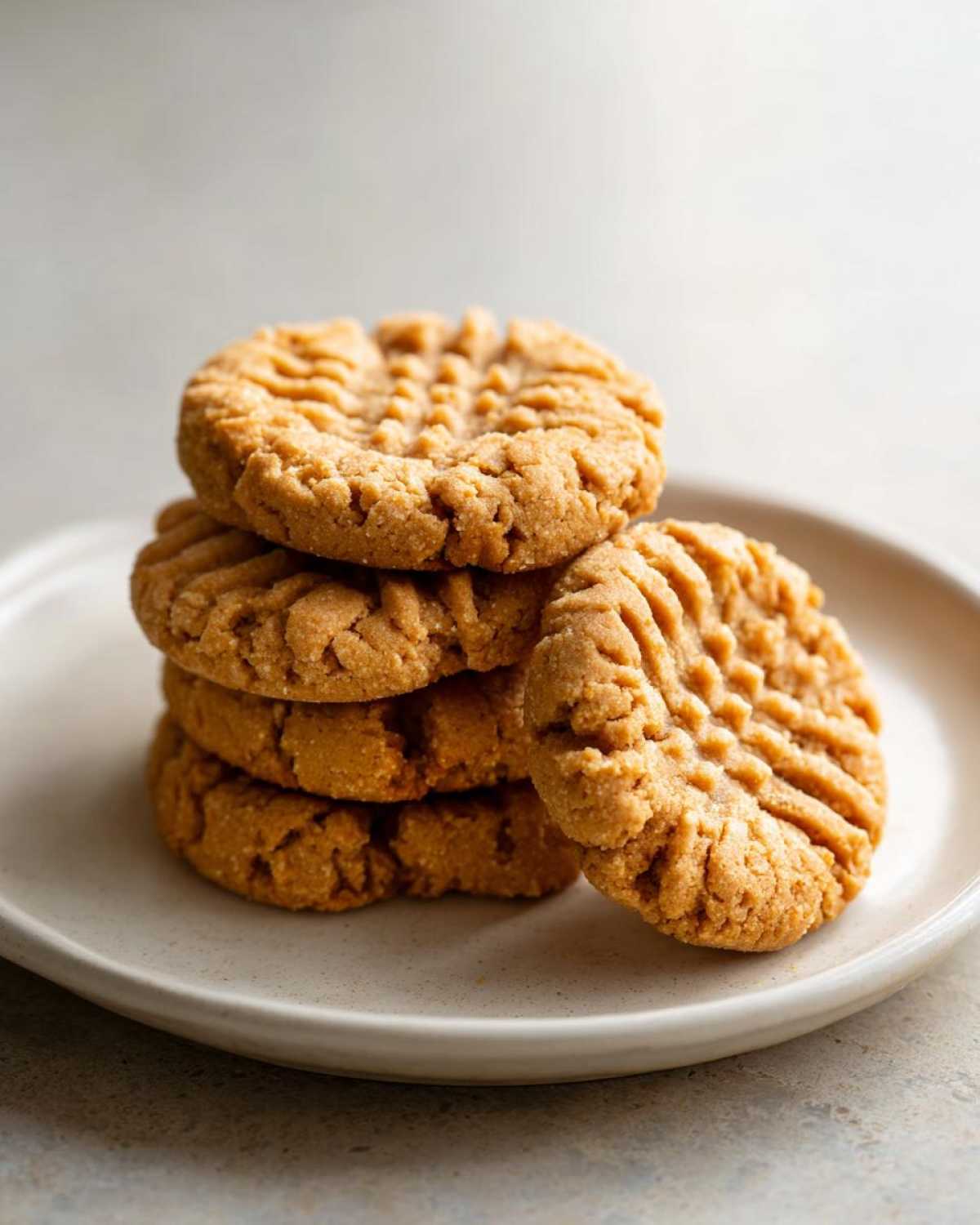 A stack of four classic peanut butter cookies, featuring the traditional crisscross fork marks, resting on a light plate.